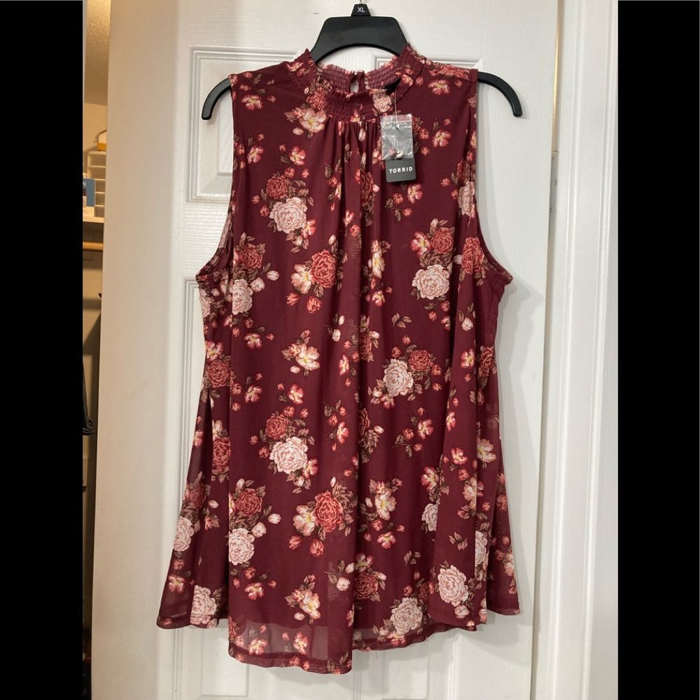 Dark red floral mesh smocked mock neck tank